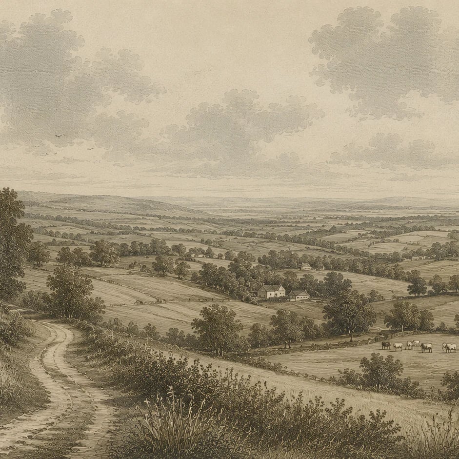 Primer plano del diseño Camino en el valle pastoral a escala de impresión