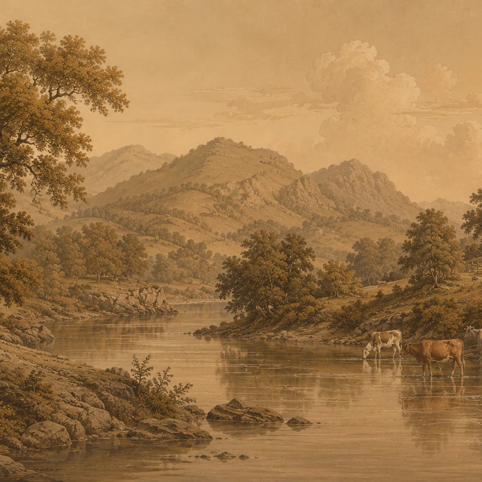 Primer plano del diseño Valle pastoral en sepia a escala de impresión