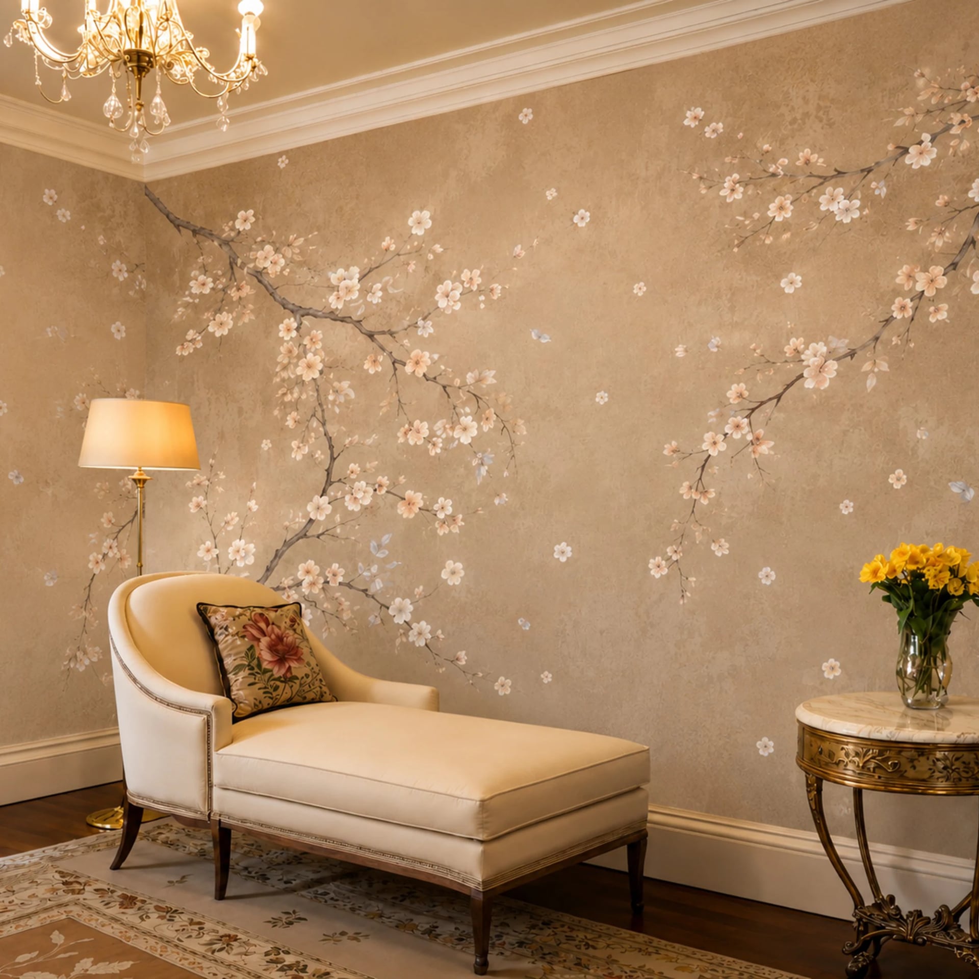 Antique Blossom Branches wall mural shown in a styled interior, view 2