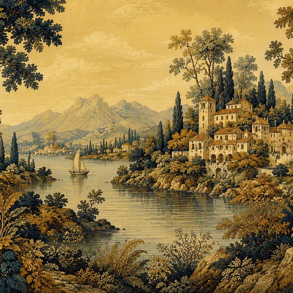 Close-up of the Lakeside Villa Tapestry artwork at printed scale