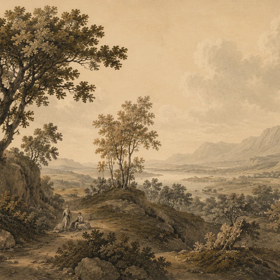 Gros plan sur le motif Vallée pastorale sépia à l'échelle d'impression