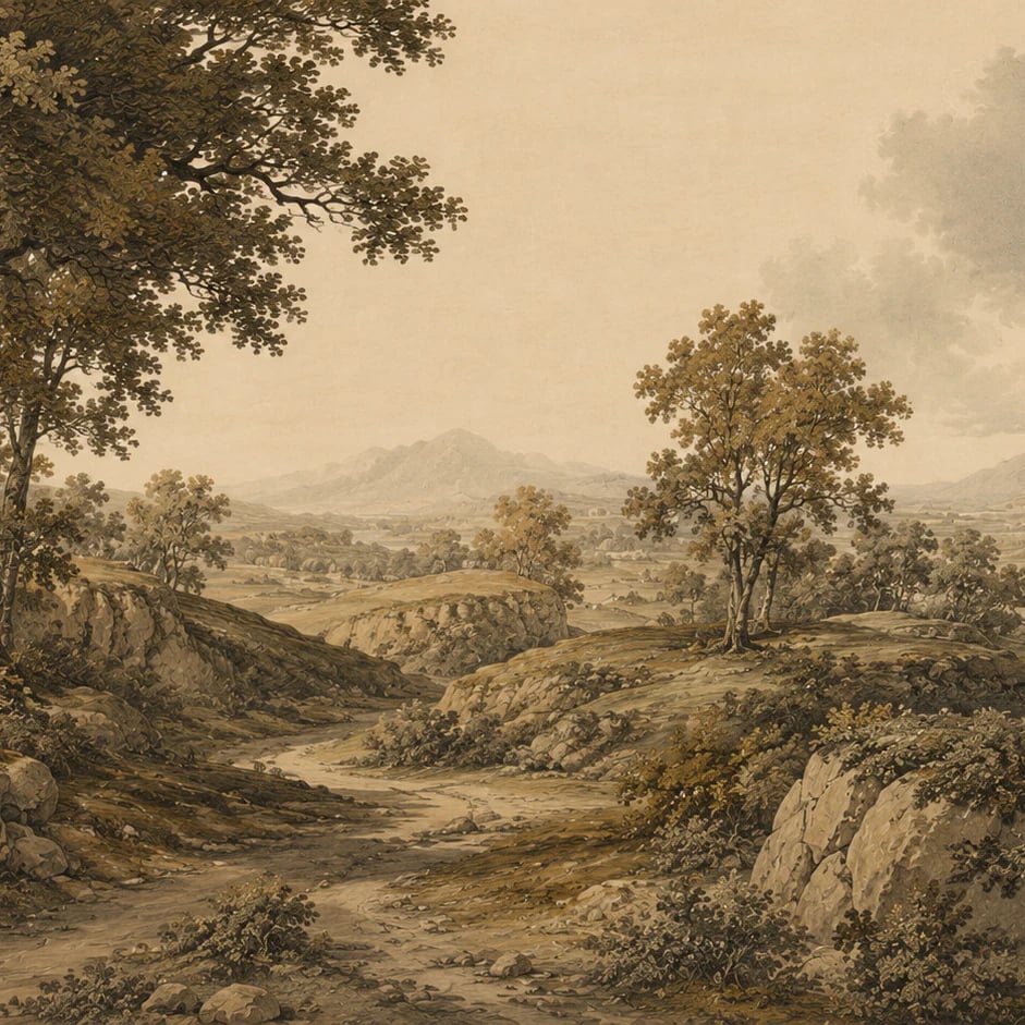 Nahaufnahme des Kunstwerks Tal-Radierung in Sepia im Druckmaßstab