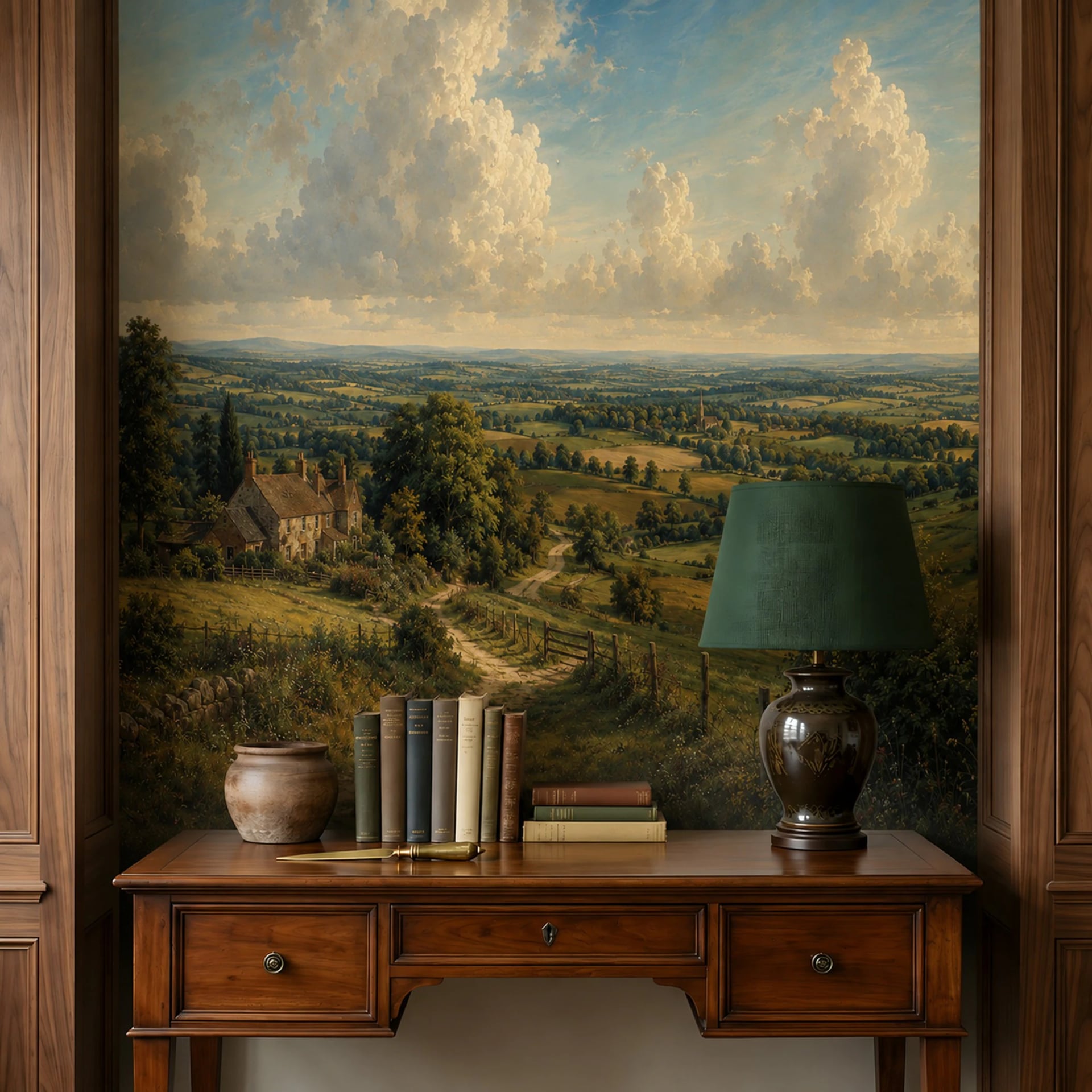 Cotswold Cottage Vista wall mural shown in a styled interior, view 2