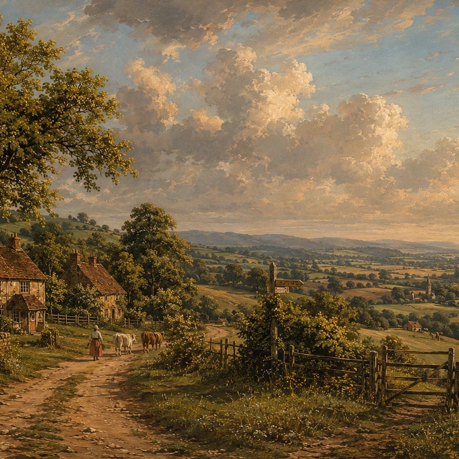 Gros plan sur le motif Vue sur le cottage pastoral à l'échelle d'impression