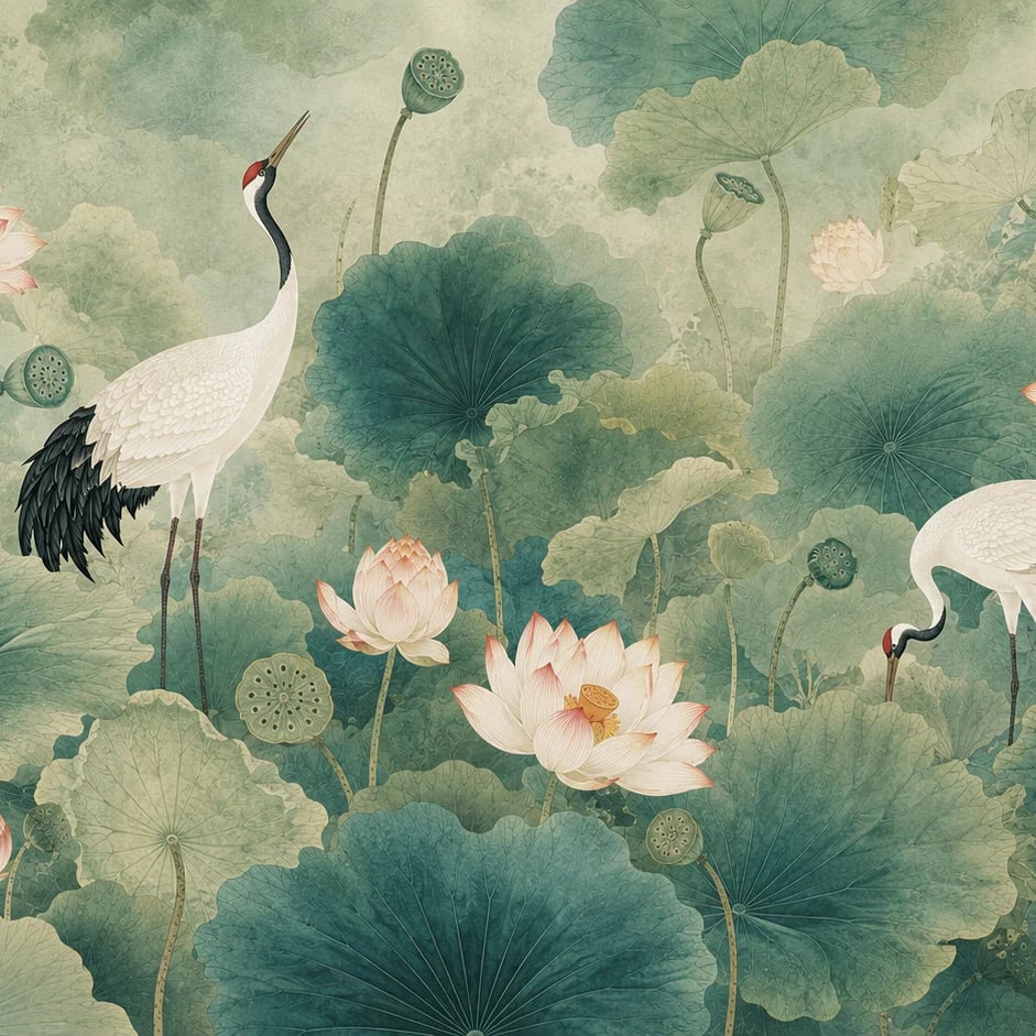 Close-up of the Lotus and Crane artwork at printed scale
