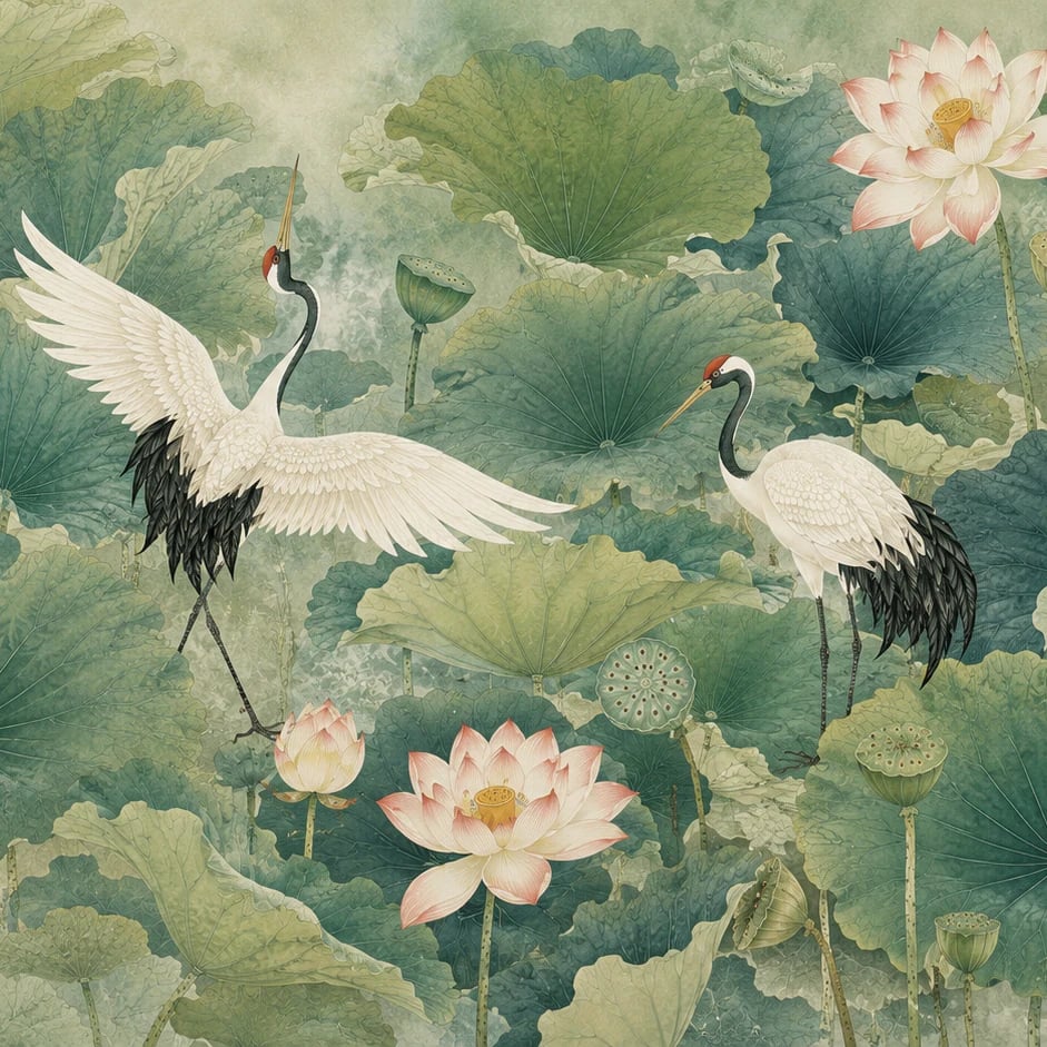 Close-up of the Lotus Pond Cranes artwork at printed scale