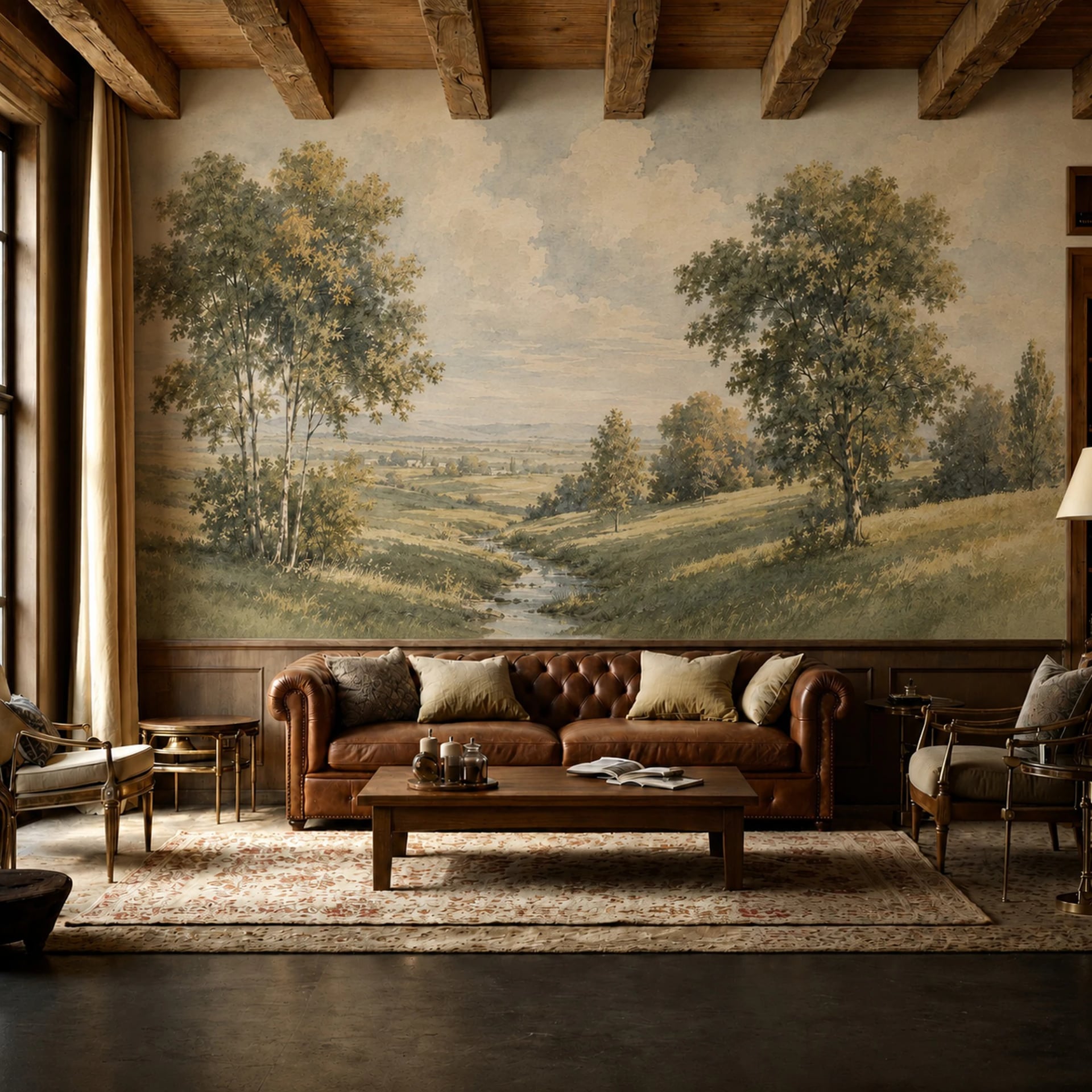 Pastoral Stream Valley wall mural shown in a styled interior, view 2