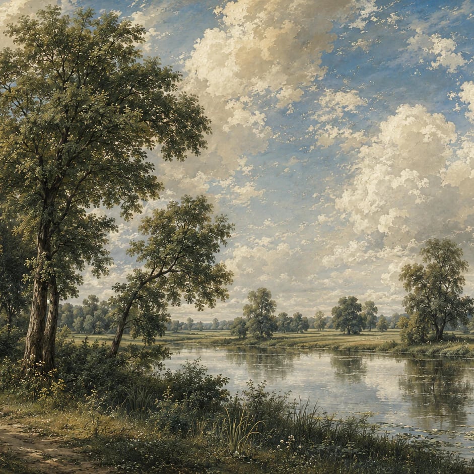 Gros plan sur le motif Prairie d'été au bord de l'eau à l'échelle d'impression