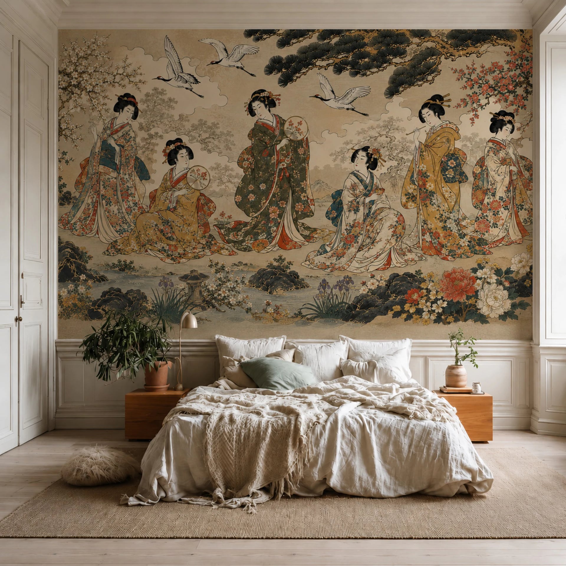 Geisha Garden Cranes wall mural shown in a styled interior, view 1