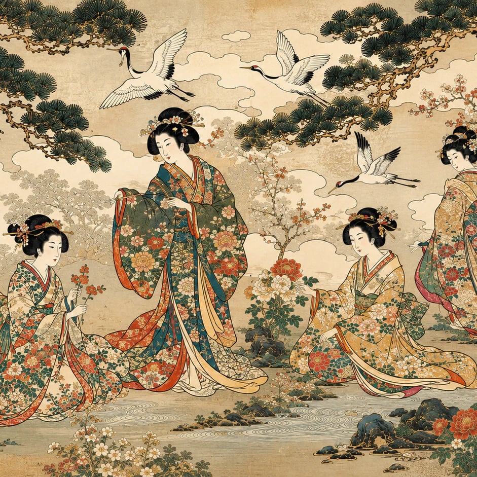 Nahaufnahme des Kunstwerks Geisha und Kraniche im Druckmaßstab