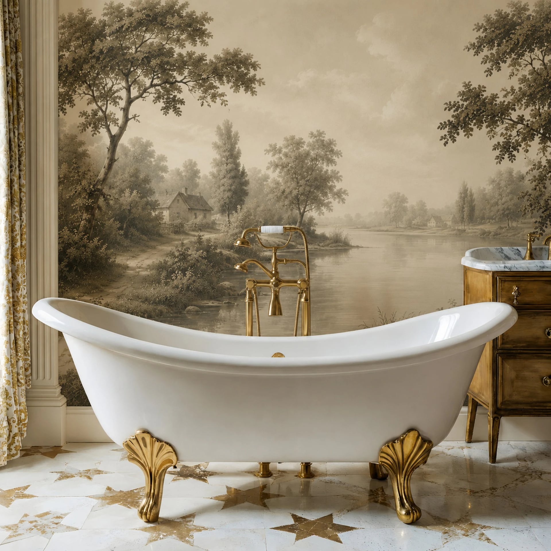 Sepia Riverside Cottage wall mural shown in a styled interior, view 2
