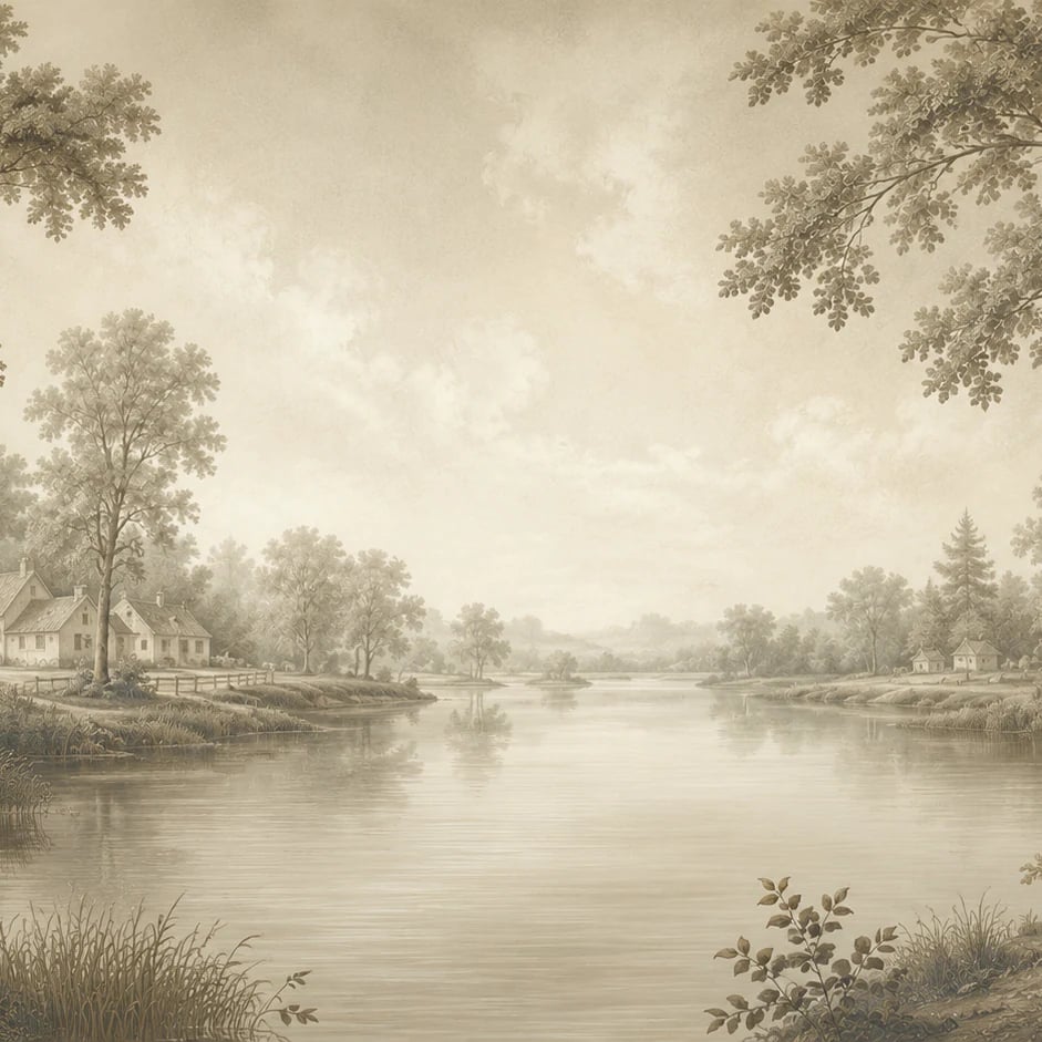 Close-up of the Sepia River Estate artwork at printed scale