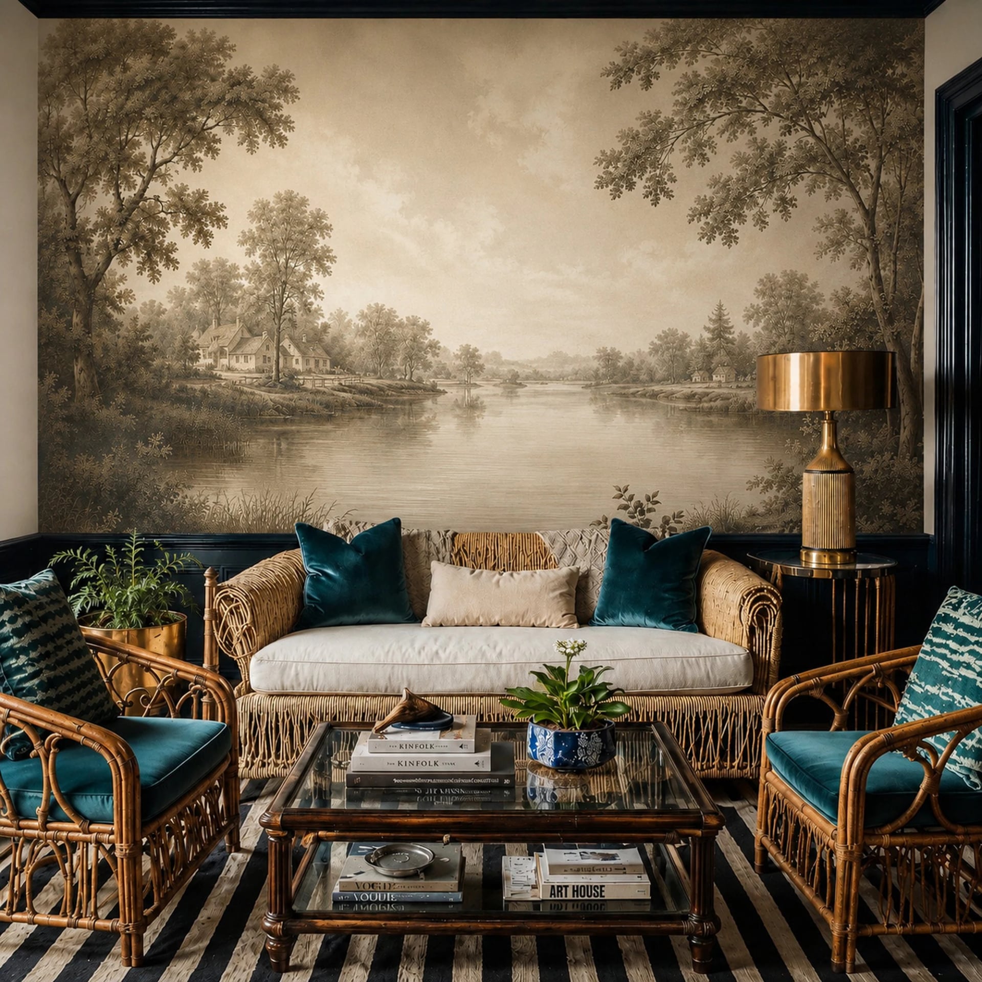 Sepia River Estate wall mural shown in a styled interior, view 2