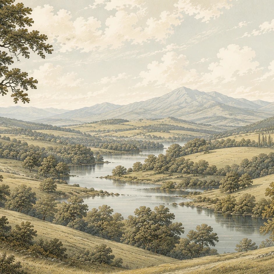 Nahaufnahme des Kunstwerks Idyllisches Flusstal im Druckmaßstab