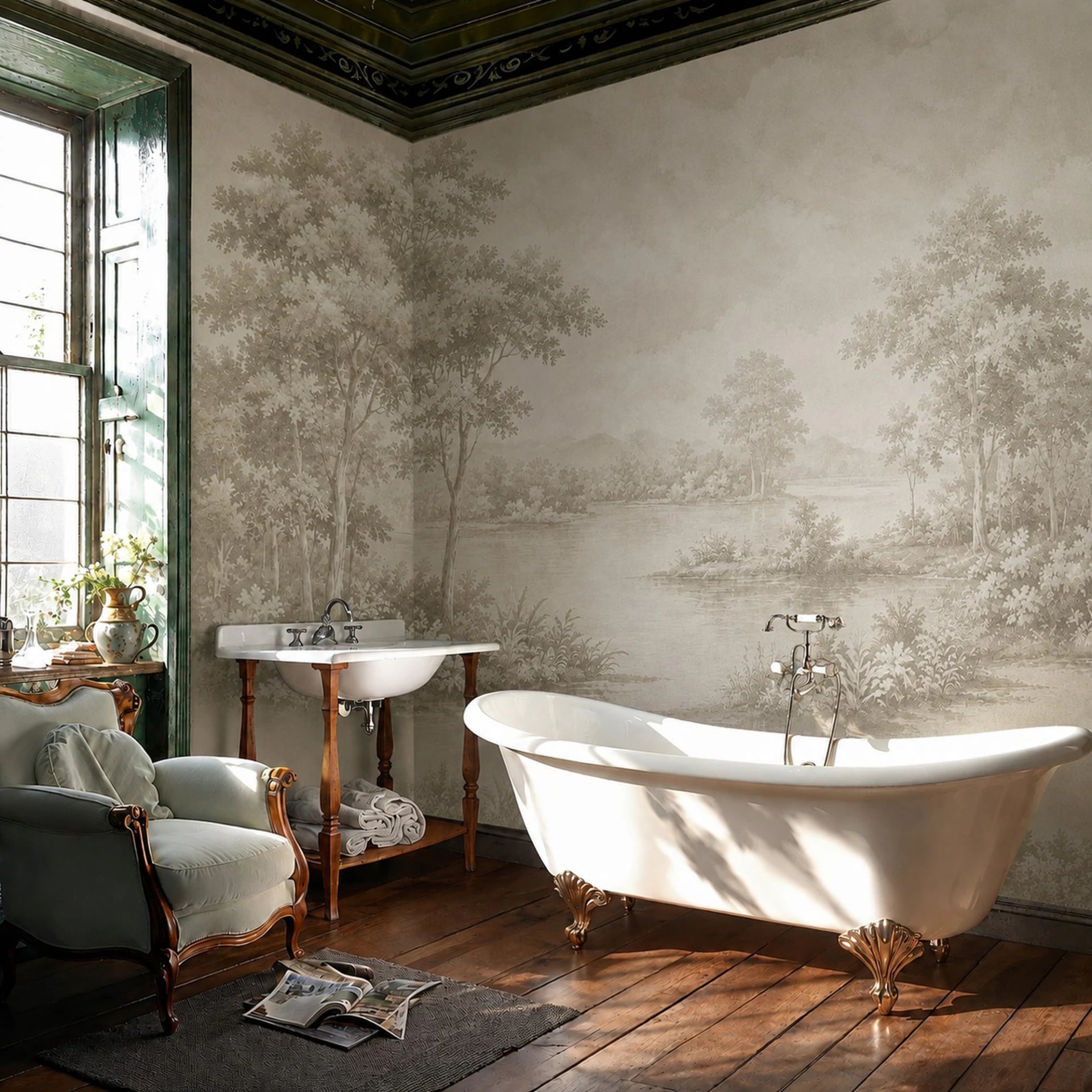 Papier peint panoramique Grisaille pastorale au lac présenté dans un intérieur décoré, vue 2