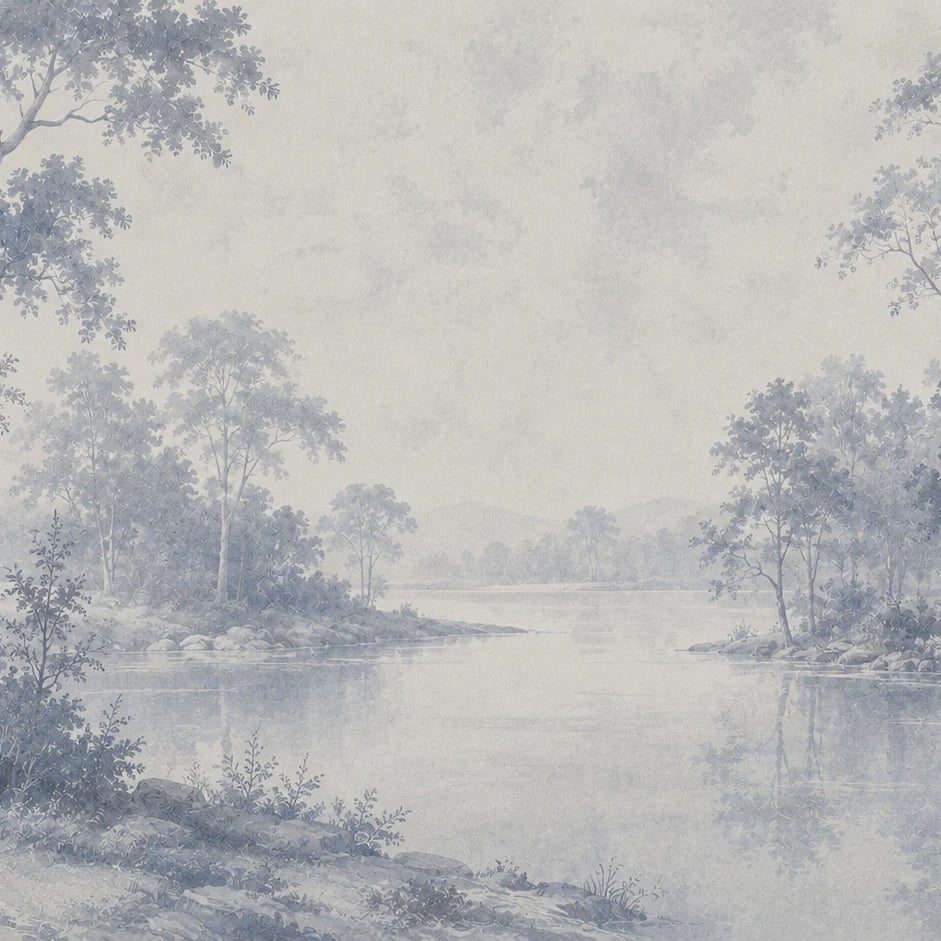 Close-up of the Misty Lake Toile artwork at printed scale