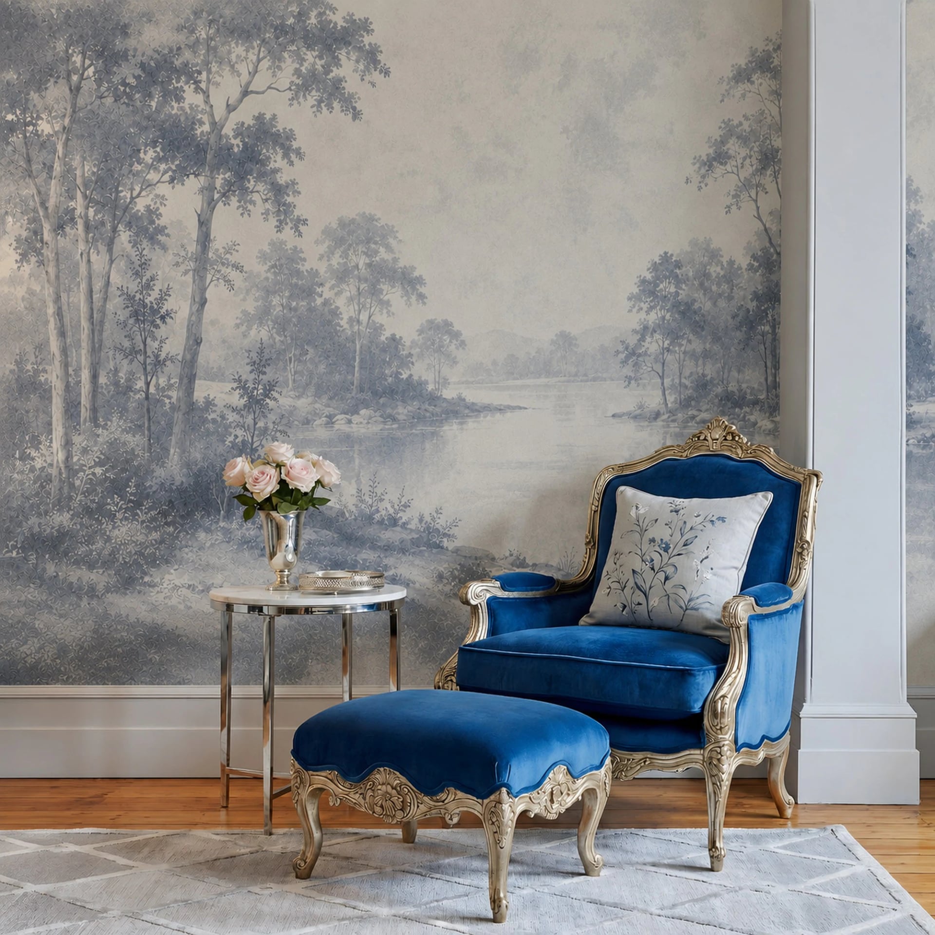 Misty Lake Toile wall mural shown in a styled interior, view 2