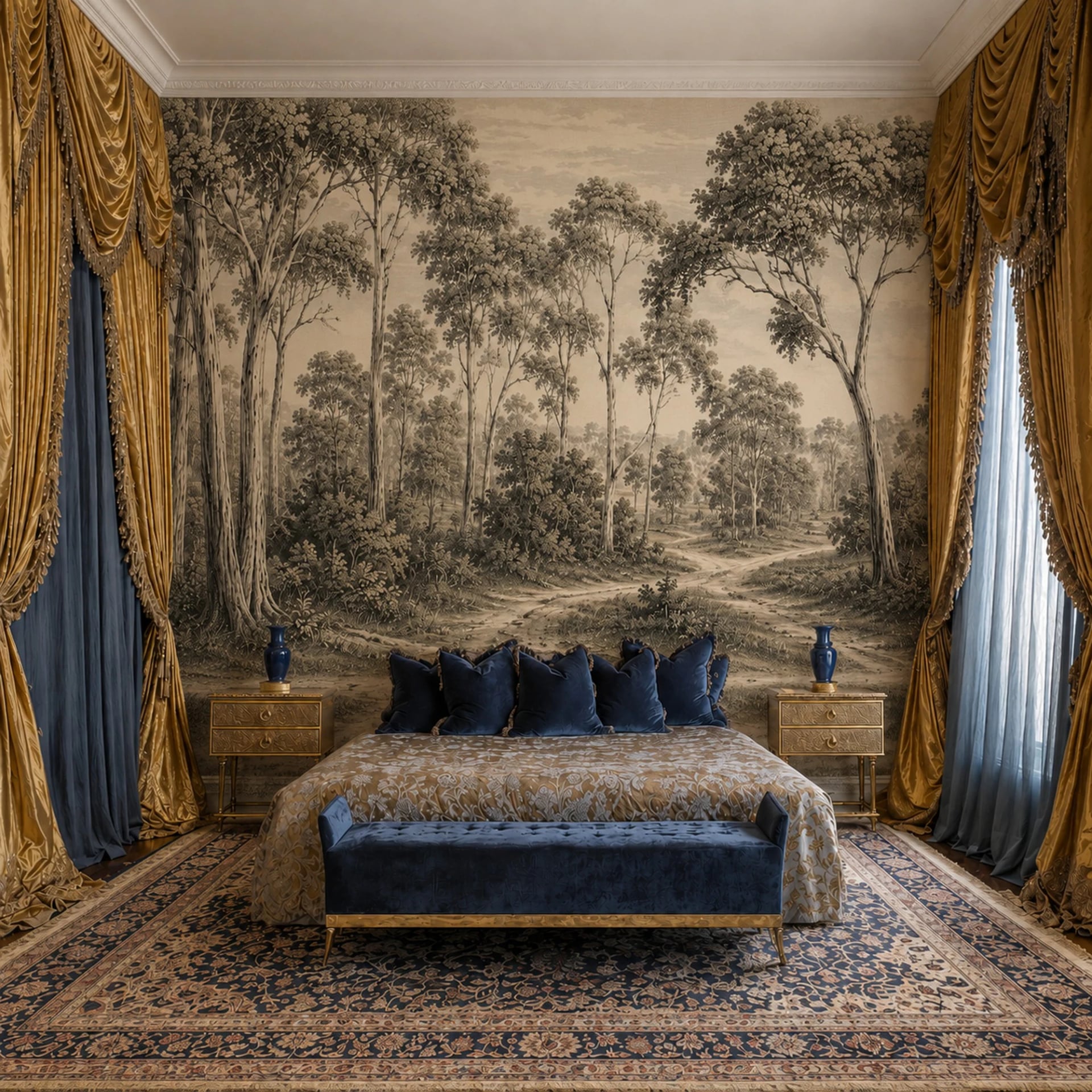 Papier peint panoramique Gravure du sentier sous-bois présenté dans un intérieur décoré, vue 2