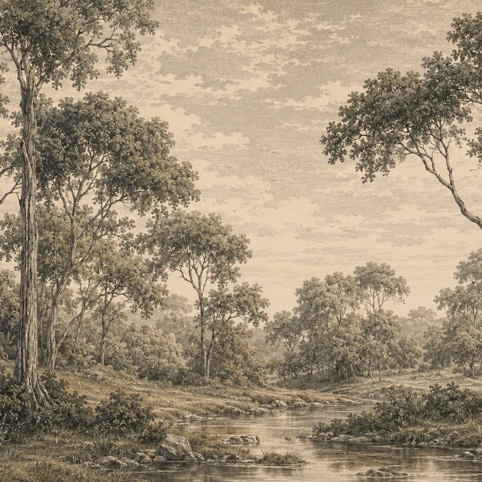 Close-up of the Woodland River Etching artwork at printed scale