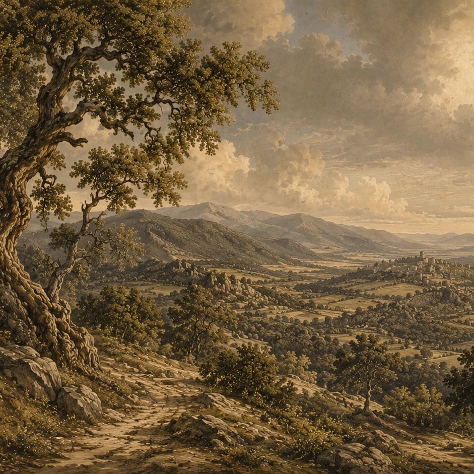 Primer plano del diseño Valle de los robles milenarios a escala de impresión