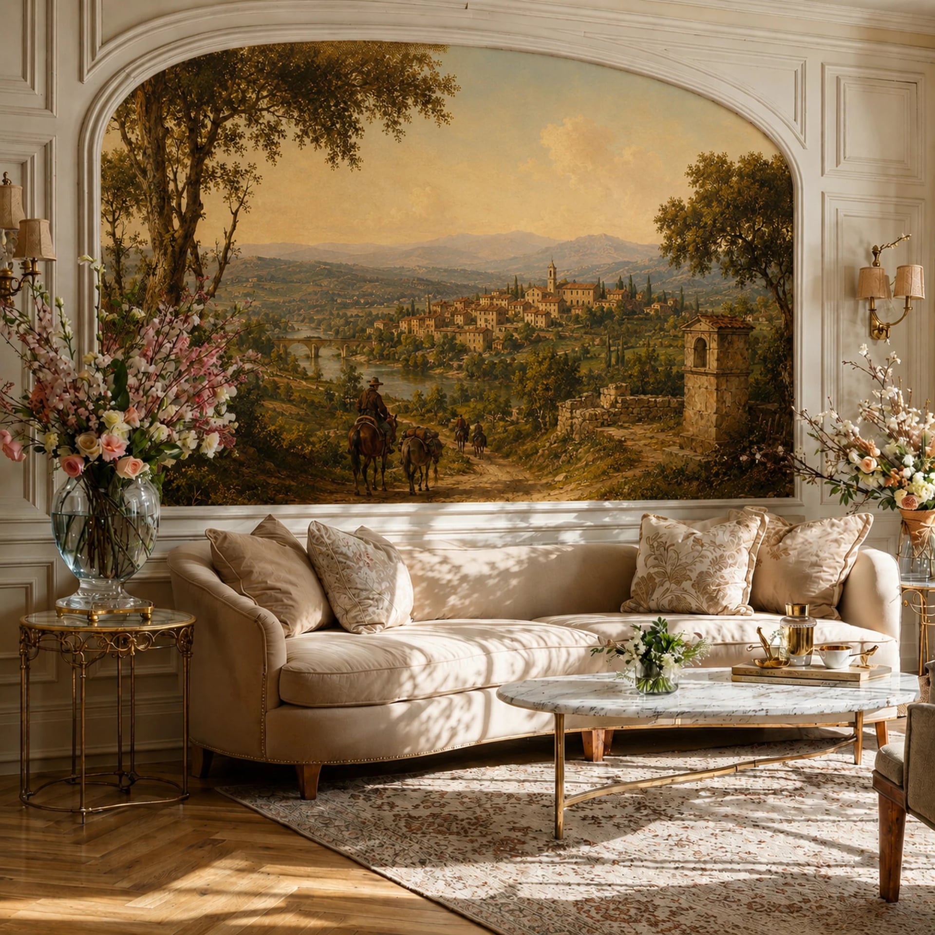 Papier peint panoramique Vue sur les collines toscanes présenté dans un intérieur décoré, vue 2