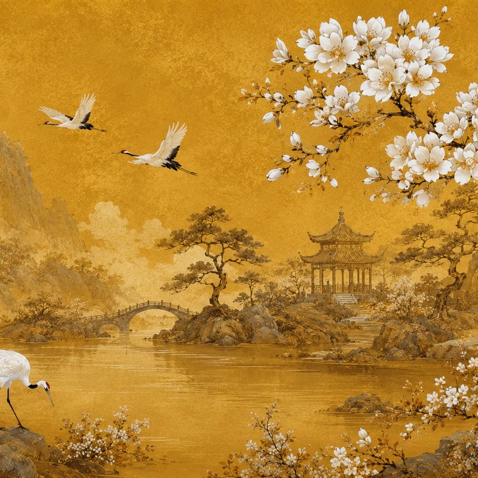 Close-up of the Golden Crane Pavilion artwork at printed scale