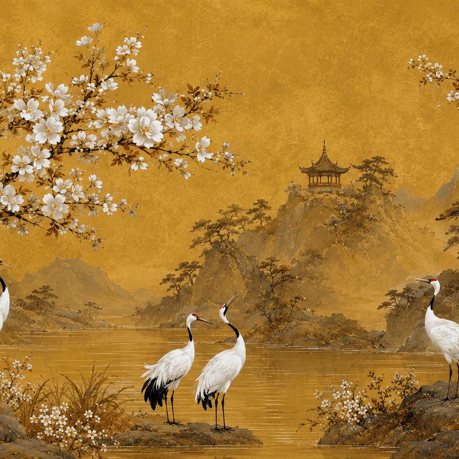 Close-up of the Golden Cranes Pavilion artwork at printed scale