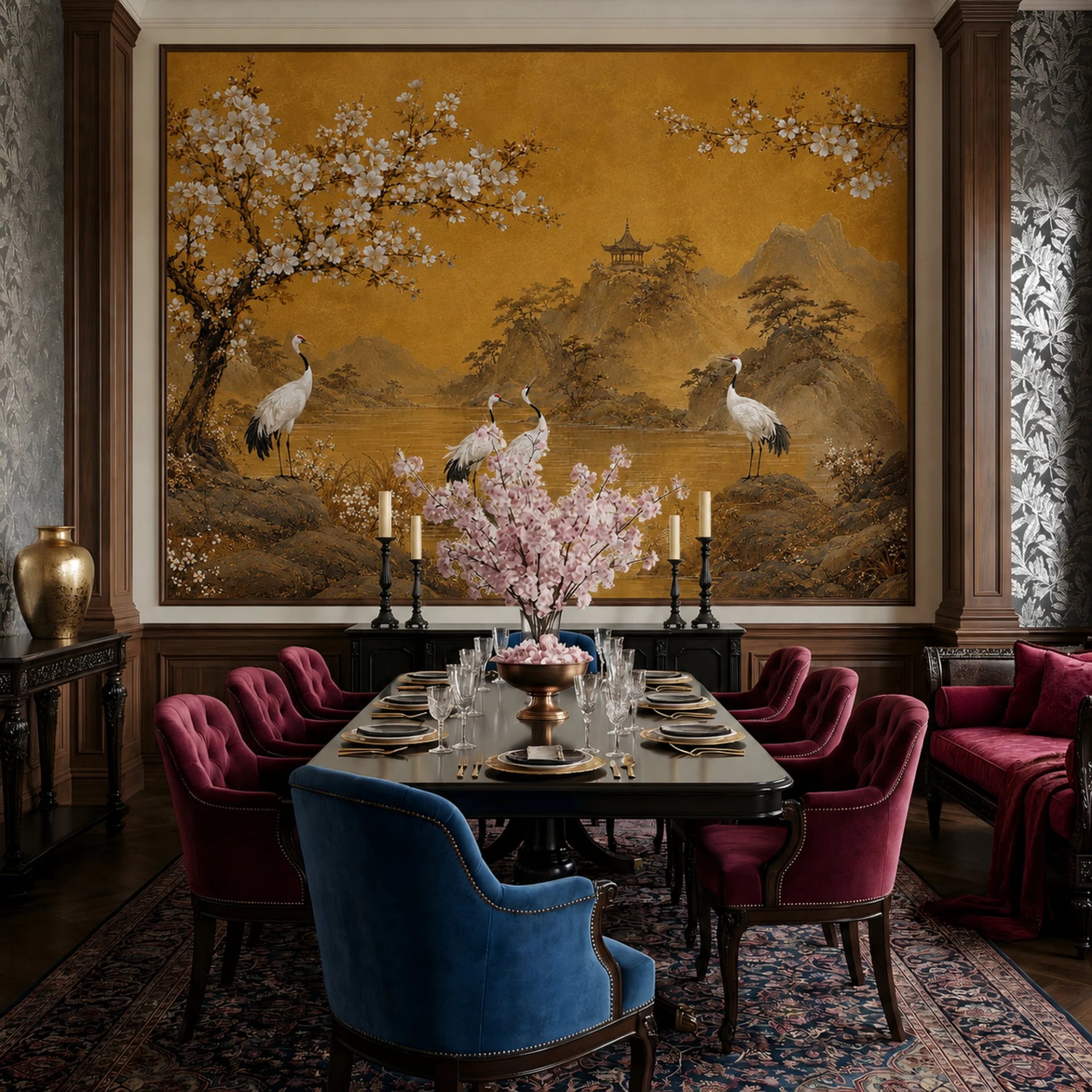 Golden Cranes Pavilion wall mural shown in a styled interior, view 2