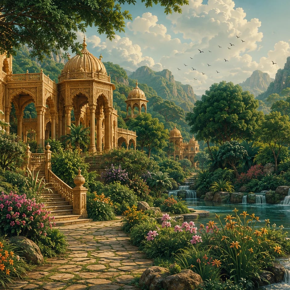 Close-up of the Palace Garden Pavilion artwork at printed scale