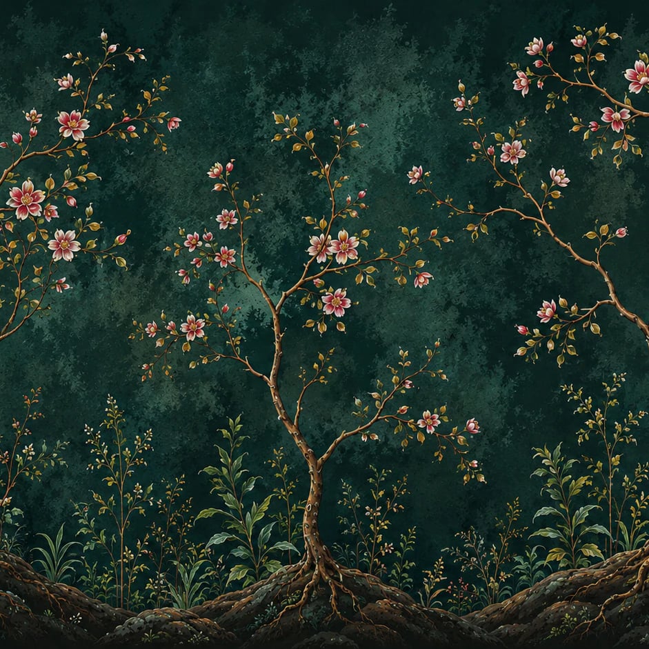 Close-up of the Emerald Blossom Grove artwork at printed scale