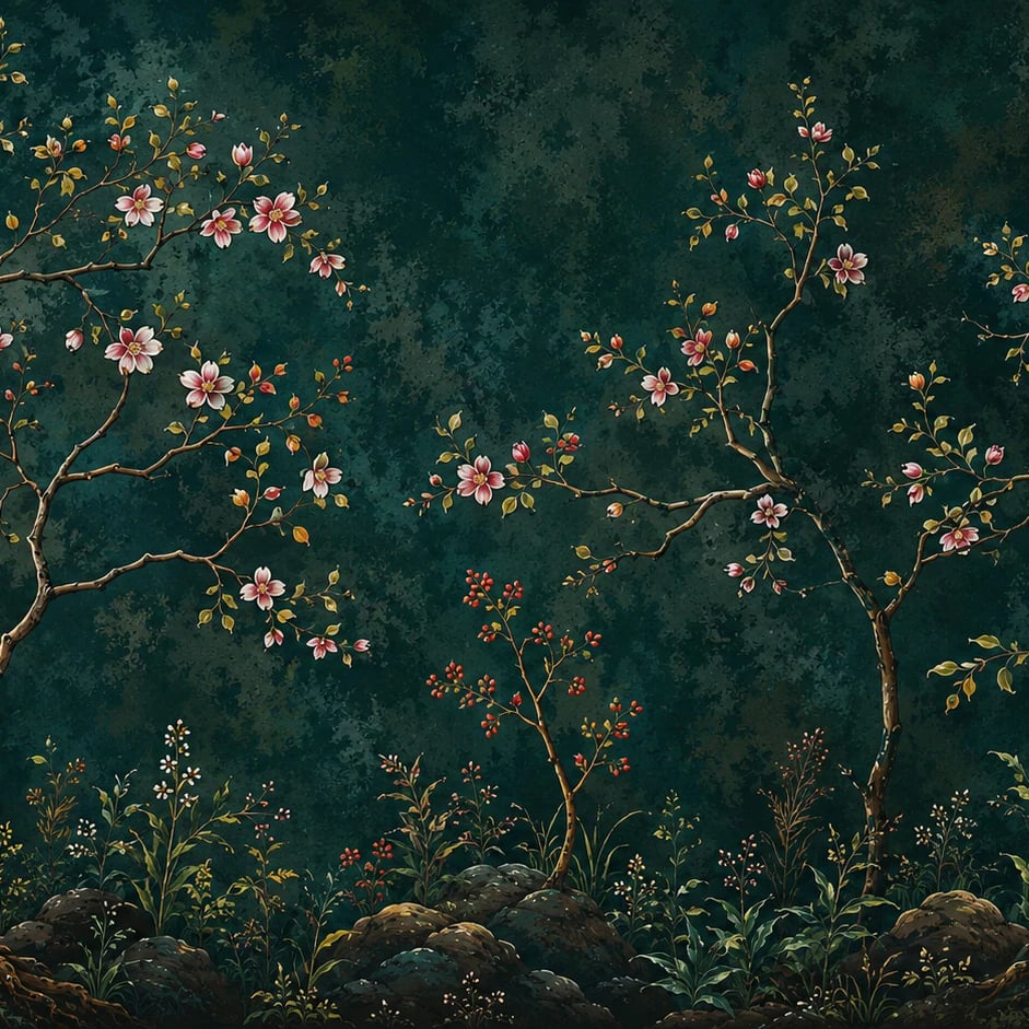 Close-up of the Nightfall Blossom Grove artwork at printed scale