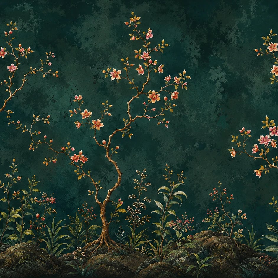 Primer plano del diseño Arboleda en flor esmeralda a escala de impresión