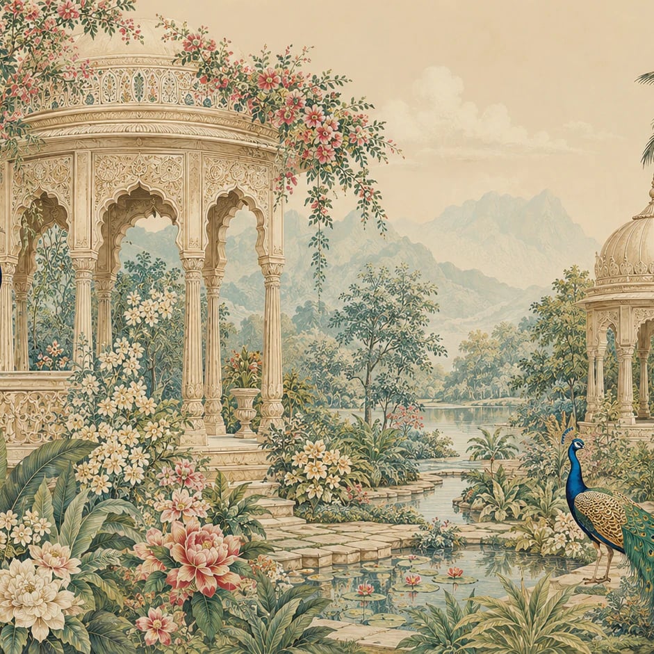 Close-up of the Peacock Palace Garden artwork at printed scale