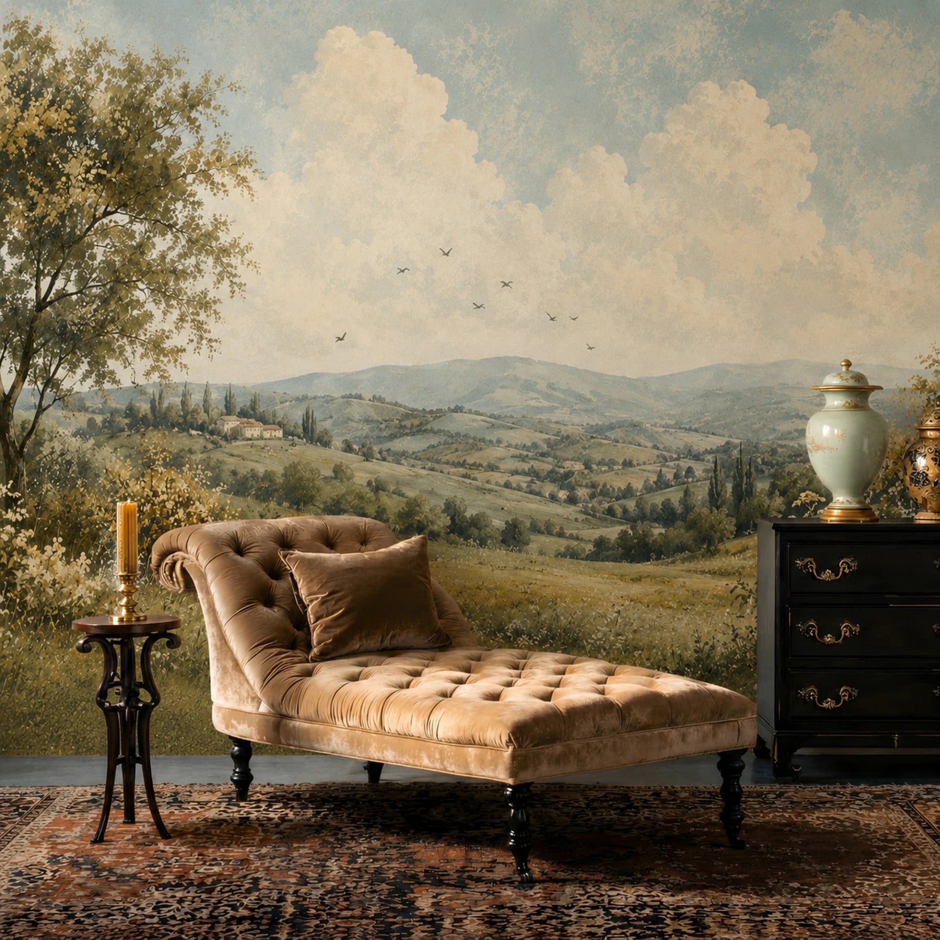 Tuscan Meadow Vista wall mural shown in a styled interior, view 2