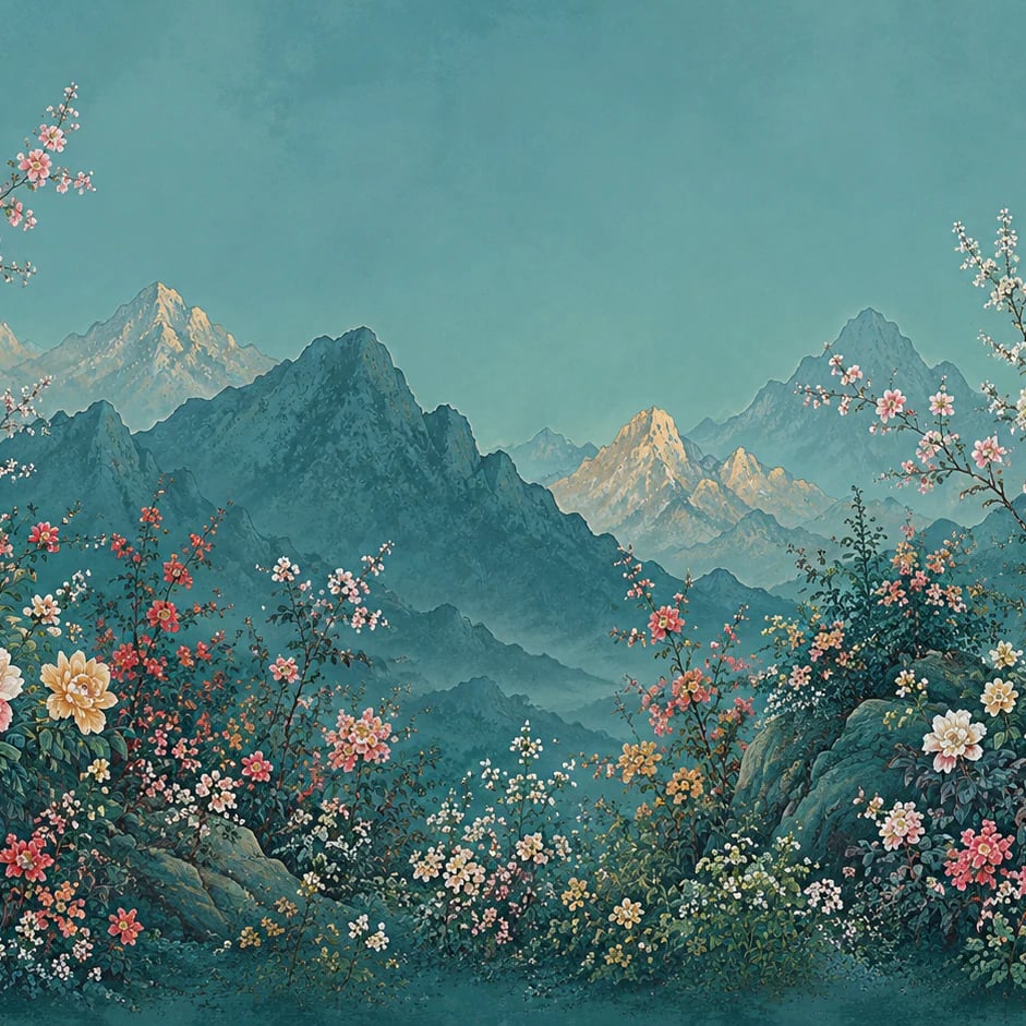 Close-up of the Mountain Peony Vista artwork at printed scale
