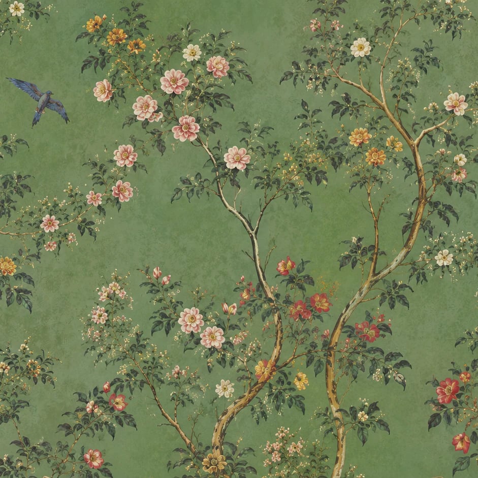 Primer plano del diseño Camelias verdes Chinoiserie a escala de impresión