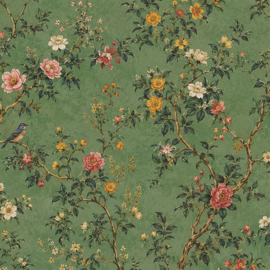 Primer plano del diseño Rama con pájaro cantor Chinoiserie a escala de impresión