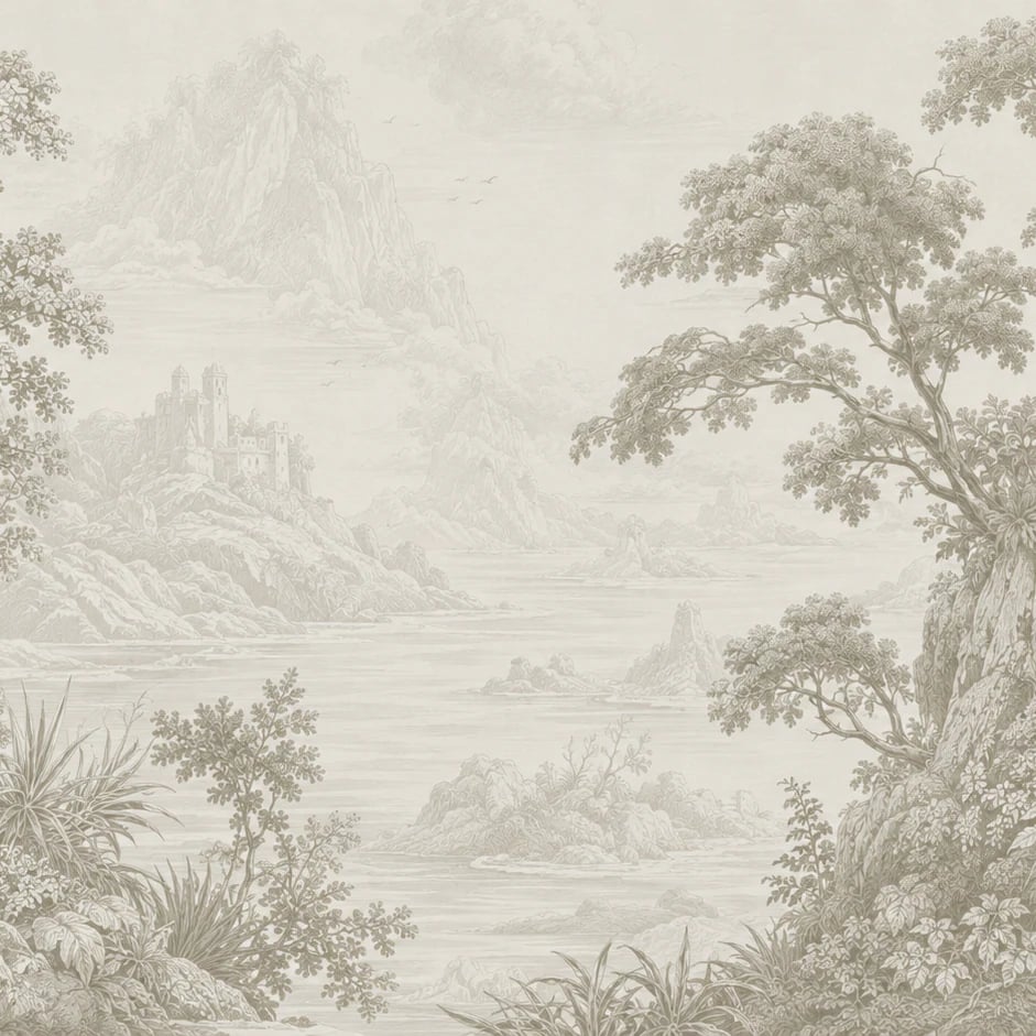 Close-up of the Grisaille Castle Vista artwork at printed scale