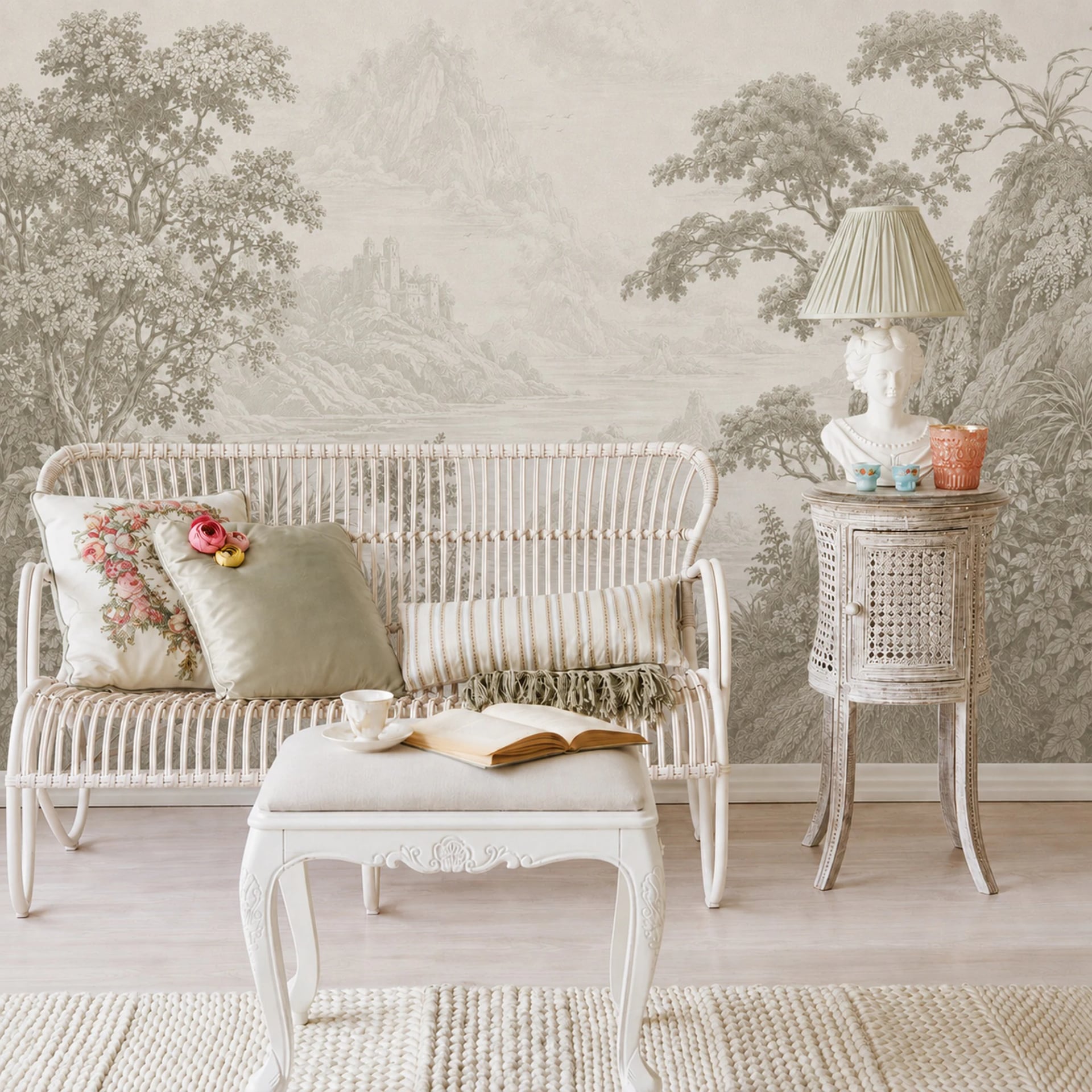 Grisaille Castle Vista wall mural shown in a styled interior, view 2