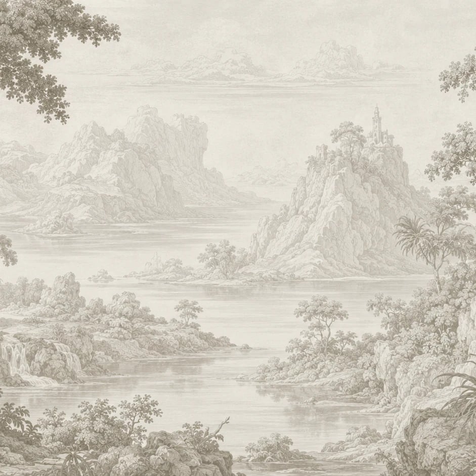 Nahaufnahme des Kunstwerks Radiertes Bergpanorama im Druckmaßstab