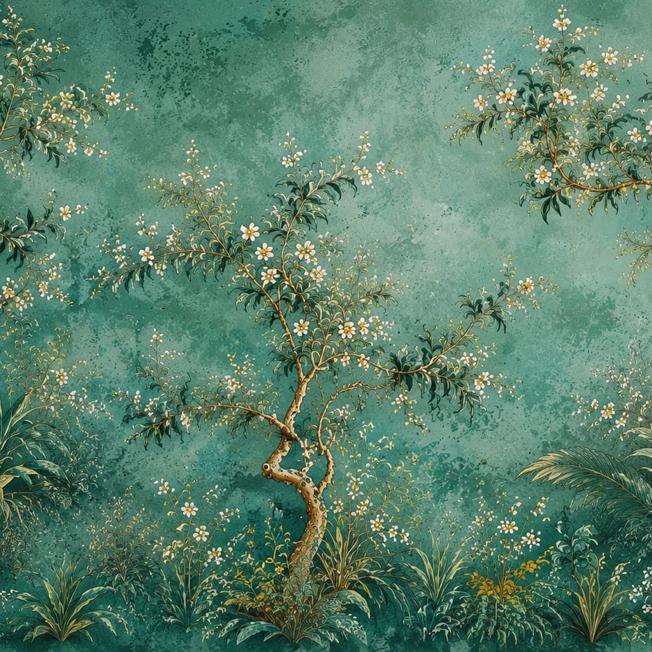 Gros plan sur le motif Bosquet fleuri émeraude à l'échelle d'impression