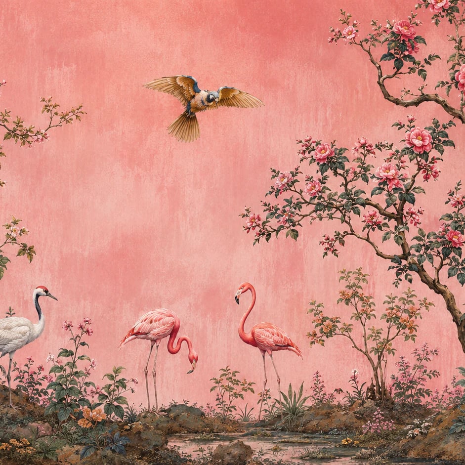 Nahaufnahme des Kunstwerks Rosa Flamingo-Garten im Druckmaßstab