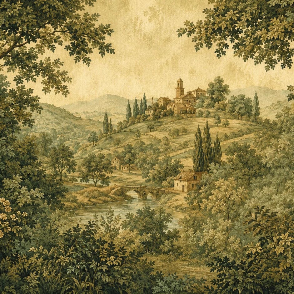 Close-up of the Tuscan Verdure Tapestry artwork at printed scale