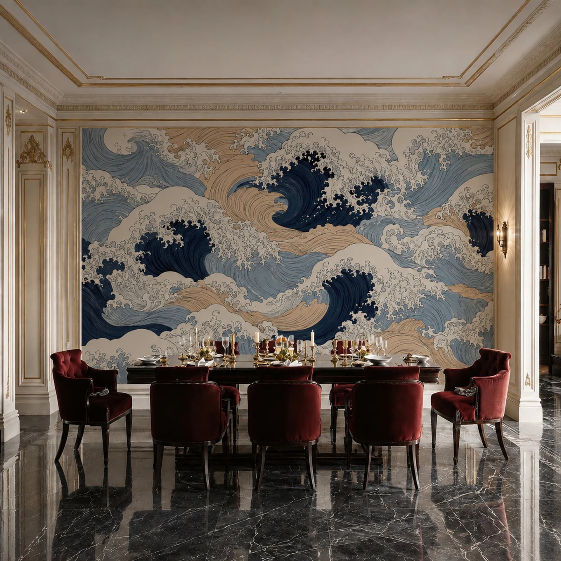 Cresting Ocean Waves wall mural shown in a styled interior, view 2