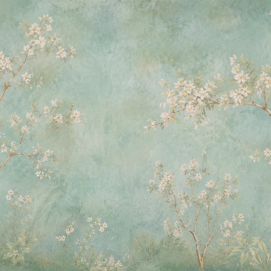 Close-up of the Celadon Blossom Branch artwork at printed scale