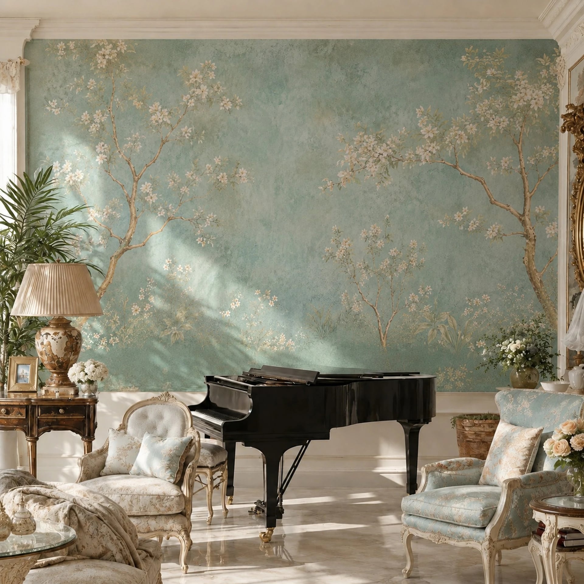 Celadon Blossom Branch wall mural shown in a styled interior, view 2
