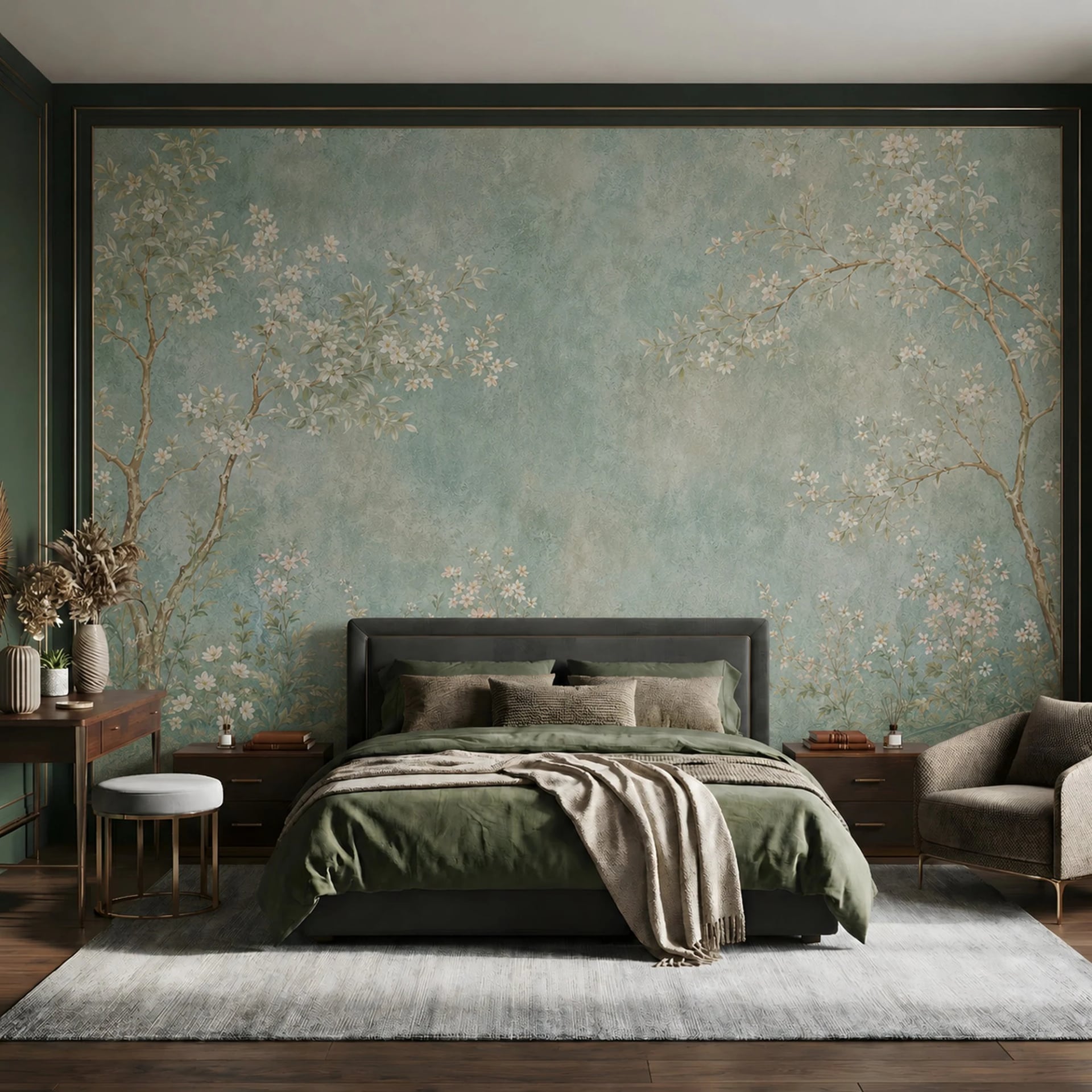 Papier peint panoramique Fresque florale vert-de-gris présenté dans un intérieur décoré, vue 2