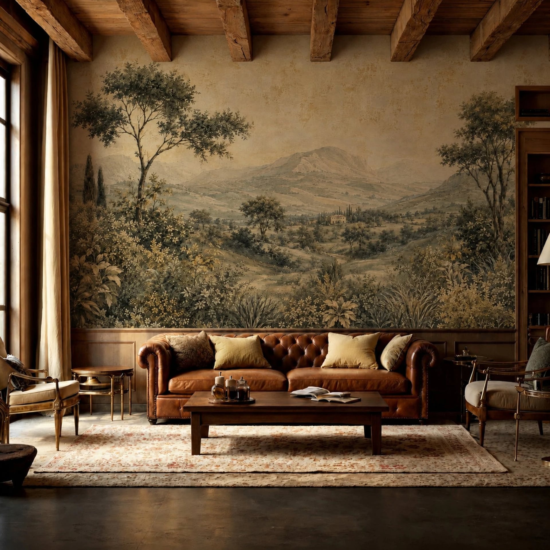 Tuscan Valley Vista wall mural shown in a styled interior, view 2