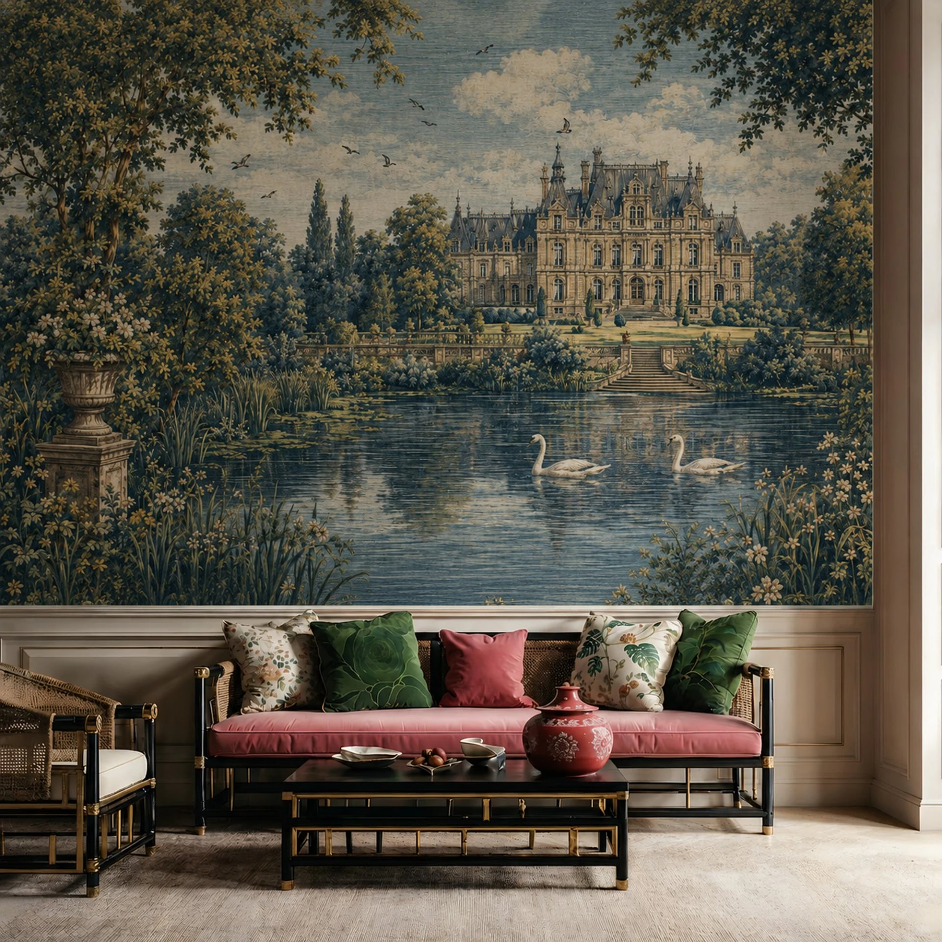 Fotomural Tapiz del lago de los cisnes del château en un interior decorado, vista 2