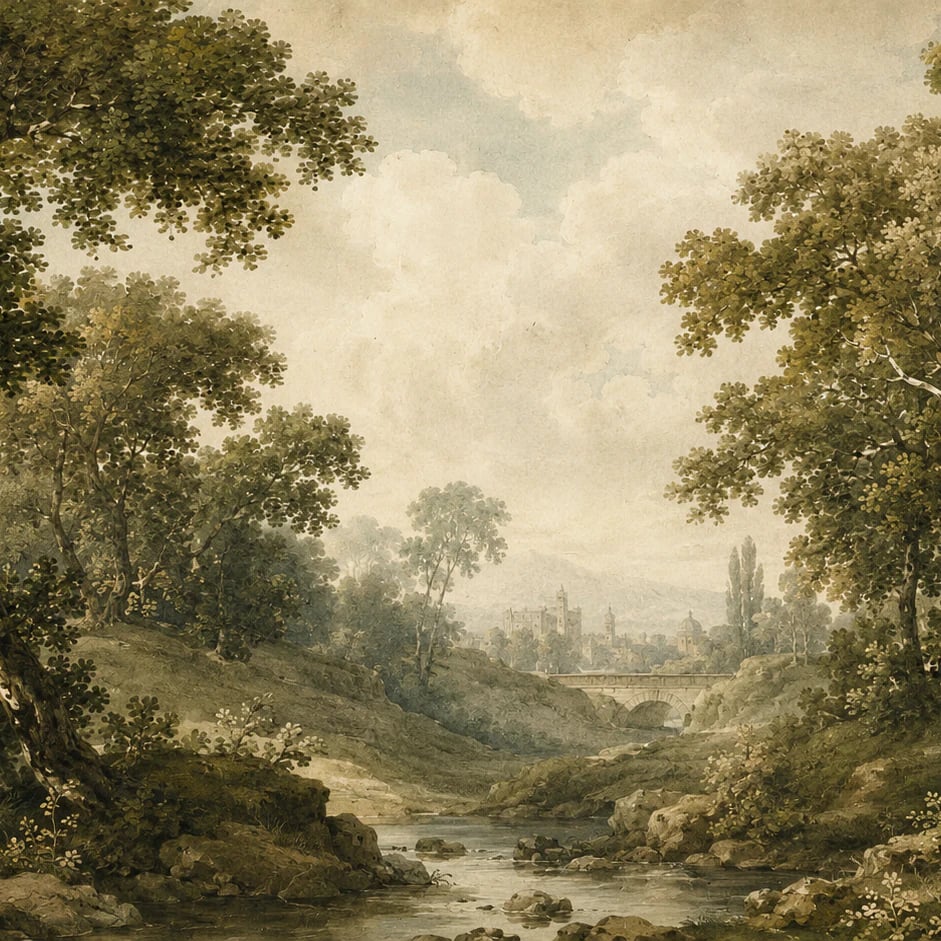 Close-up of the Pastoral River Bridge artwork at printed scale